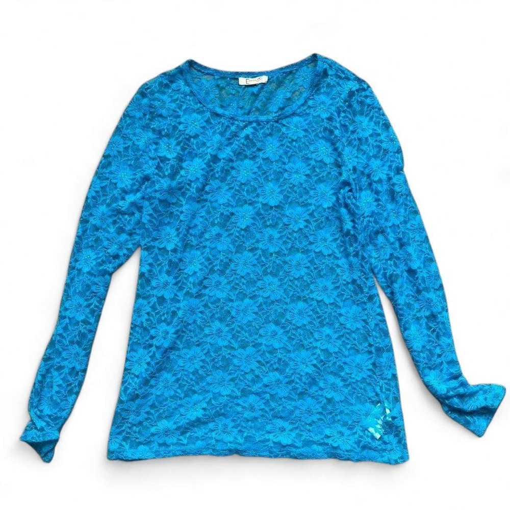 Blue Floral Lace Long Sleeve Floral Top Bright Colorful Sheer Junior Size XL